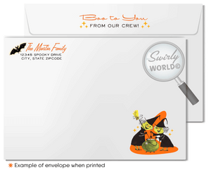 Enchant your clients and friends with Swirly World's Vintage Mid-Century Retro "Happy Halloween" Greeting Card. Featuring a haunting mansion, bats, and a moonlit autumn sky, this premium cardstock card captures the spooky elegance of Halloween. Printed versions available with matching envelopes!