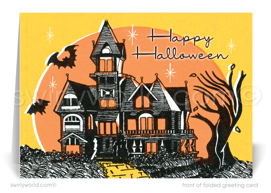 Captivate with Swirly World's Vintage Mid-Century Retro "Happy Halloween" Greeting Card. Featuring a haunting mansion, spooky trees, and bats in an orange-yellow moonlit sky, this premium cardstock card is perfect for sharing Halloween magic. Printed versions available for an unforgettable impression!