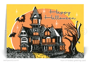 Captivate with Swirly World's Vintage Mid-Century Retro "Happy Halloween" Greeting Card. Featuring a haunting mansion, spooky trees, and bats in an orange-yellow moonlit sky, this premium cardstock card is perfect for sharing Halloween magic. Printed versions available for an unforgettable impression!