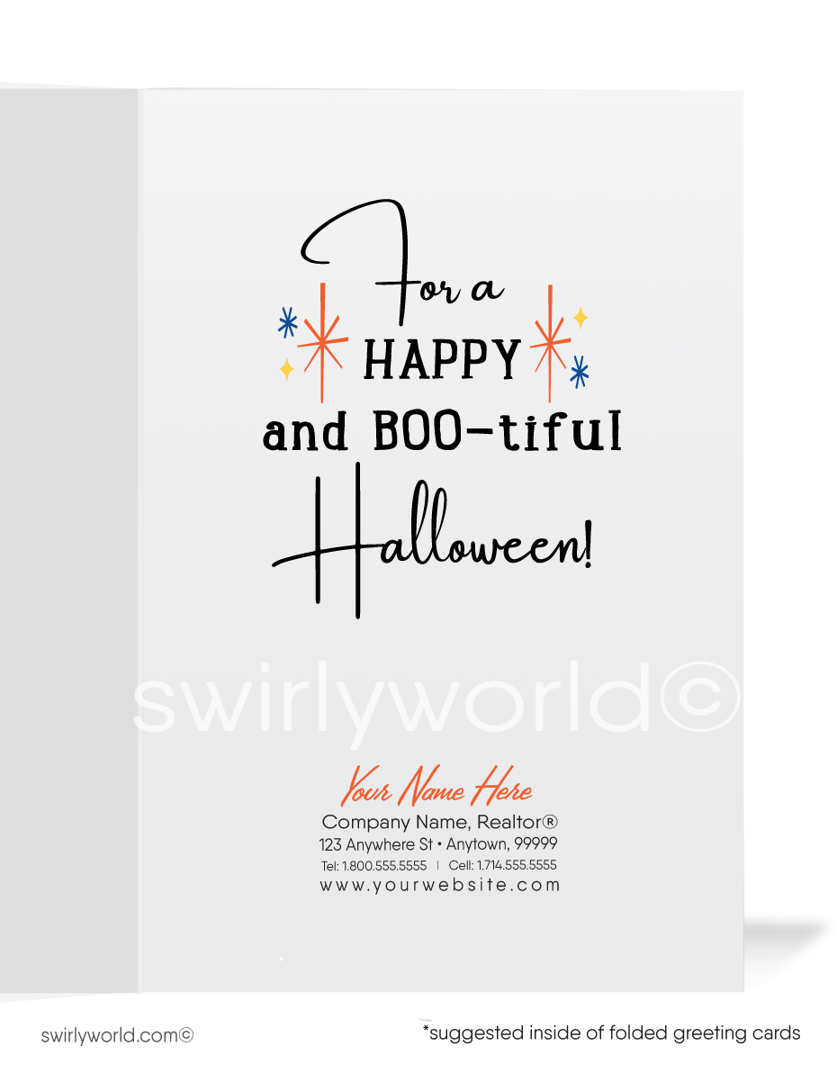 Discover Swirly World's vintage Pin-up Halloween cards. Featuring a bewitching witch pin-up girl flying across a full moon with atomic starbursts against a midnight sky. Perfect for mid-century style enthusiasts. Choose single-panel or folded options with customizable envelopes.