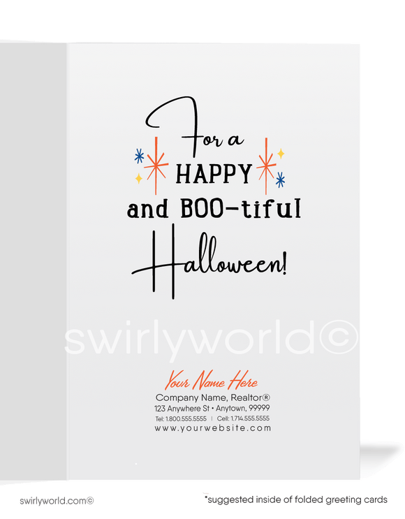 Discover Swirly World's vintage Pin-up Halloween cards. Featuring a bewitching witch pin-up girl flying across a full moon with atomic starbursts against a midnight sky. Perfect for mid-century style enthusiasts. Choose single-panel or folded options with customizable envelopes.
