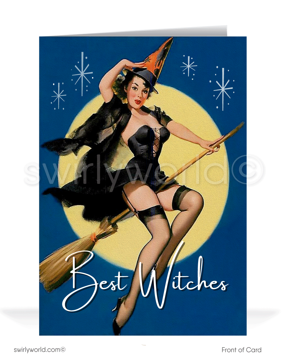 Discover Swirly World's vintage Pin-up Halloween cards. Featuring a bewitching witch pin-up girl flying across a full moon with atomic starbursts against a midnight sky. Perfect for mid-century style enthusiasts. Choose single-panel or folded options with customizable envelopes.