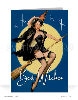Discover Swirly World's vintage Pin-up Halloween cards. Featuring a bewitching witch pin-up girl flying across a full moon with atomic starbursts against a midnight sky. Perfect for mid-century style enthusiasts. Choose single-panel or folded options with customizable envelopes.