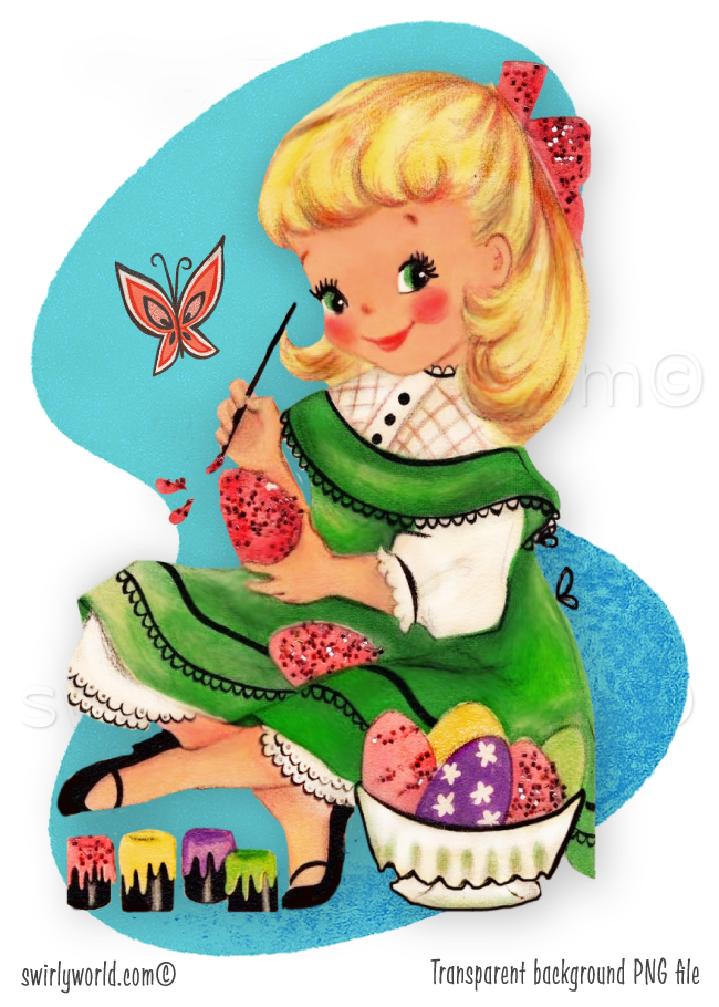 Rare Vintage 1940s-1950s springtime Easter seasonal clipart featuring a darling kitschy style illustration of beautiful vintage blonde girl with fluttering butterfly and painted eggs basket artwork. Each illustration is featured with a mid-century modern style pastel color aqua blue MCM shape with atomic starbursts. 
