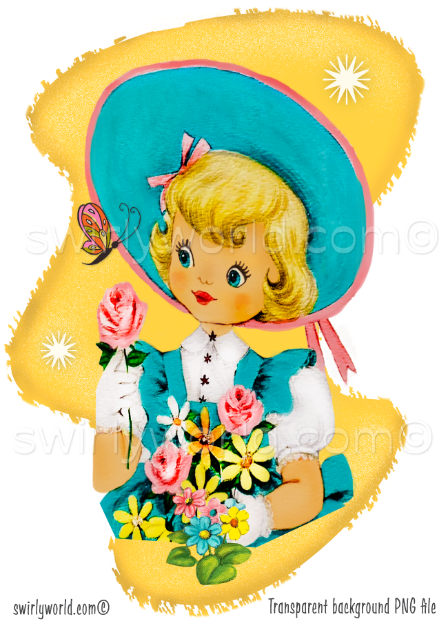 Rare Vintage 1940s-1950s springtime Easter seasonal clipart featuring a darling kitschy style illustration of beautiful vintage blonde girl with spring bouquet of flowers and butterfly artwork. Each illustration is featured with a mid-century modern style pastel color yellow MCM shape with atomic starbursts. 