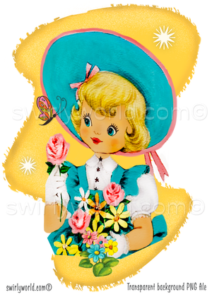 Rare Vintage 1940s-1950s springtime Easter seasonal clipart featuring a darling kitschy style illustration of beautiful vintage blonde girl with spring bouquet of flowers and butterfly artwork. Each illustration is featured with a mid-century modern style pastel color yellow MCM shape with atomic starbursts. 