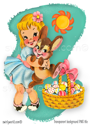 Rare Vintage 1940s-1950s springtime Easter seasonal clipart featuring a darling kitschy style illustration of beautiful vintage blonde girl with classic Easter bunny and painted eggs in basket artwork. Each illustration is featured with a mid-century modern style pastel color aqua blue MCM shape with atomic starbursts. 