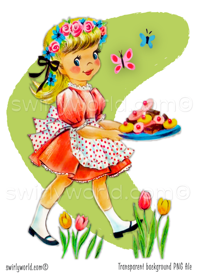 Rare Vintage 1940s-1950s springtime Easter seasonal clipart featuring a darling kitschy style illustration of beautiful vintage blonde girl wearing a flower wreath carrying a plate of sweet Easter desserts artwork. Each illustration is featured with a mid-century modern style pastel color retro green MCM shape with atomic starburts.