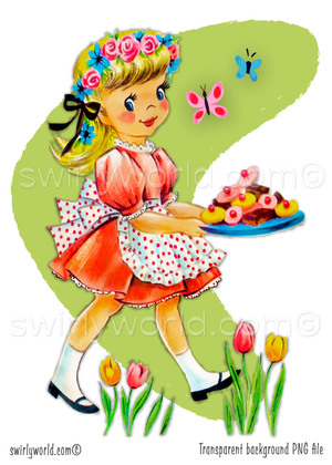Rare Vintage 1940s-1950s springtime Easter seasonal clipart featuring a darling kitschy style illustration of beautiful vintage blonde girl wearing a flower wreath carrying a plate of sweet Easter desserts artwork. Each illustration is featured with a mid-century modern style pastel color retro green MCM shape with atomic starburts.