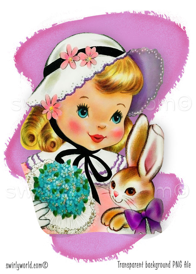 Rare Vintage 1940s-1950s springtime Easter seasonal clipart featuring darling kitschy style illustrations of girls with classic Easter bunnies and butterfly artwork. Each illustration is featured with a mid-century modern style pastel color shape with atomic starbursts. 