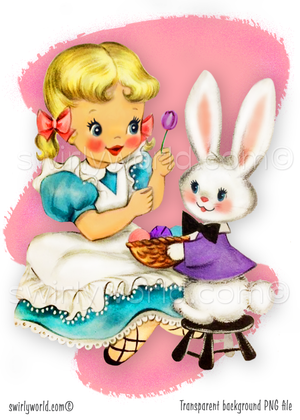 Rare Vintage 1940s-1950s springtime Easter seasonal clipart featuring a darling kitschy style illustration of beautiful vintage blonde girl with classic Easter bunny and painted eggs artwork. Each illustration is featured with a mid-century modern style pastel color pink MCM shape with atomic starbursts. 