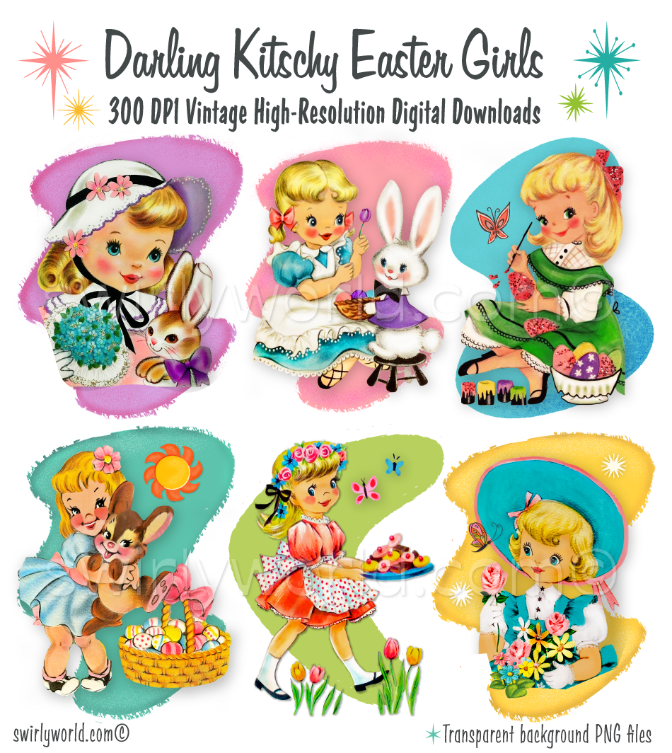 Rare Vintage 1940s-1950s springtime Easter seasonal clipart featuring darling kitschy style illustrations of girls with classic Easter bunnies and butterfly artwork. Each illustration is featured with a mid-century modern style pastel color shape with atomic starbursts. 
