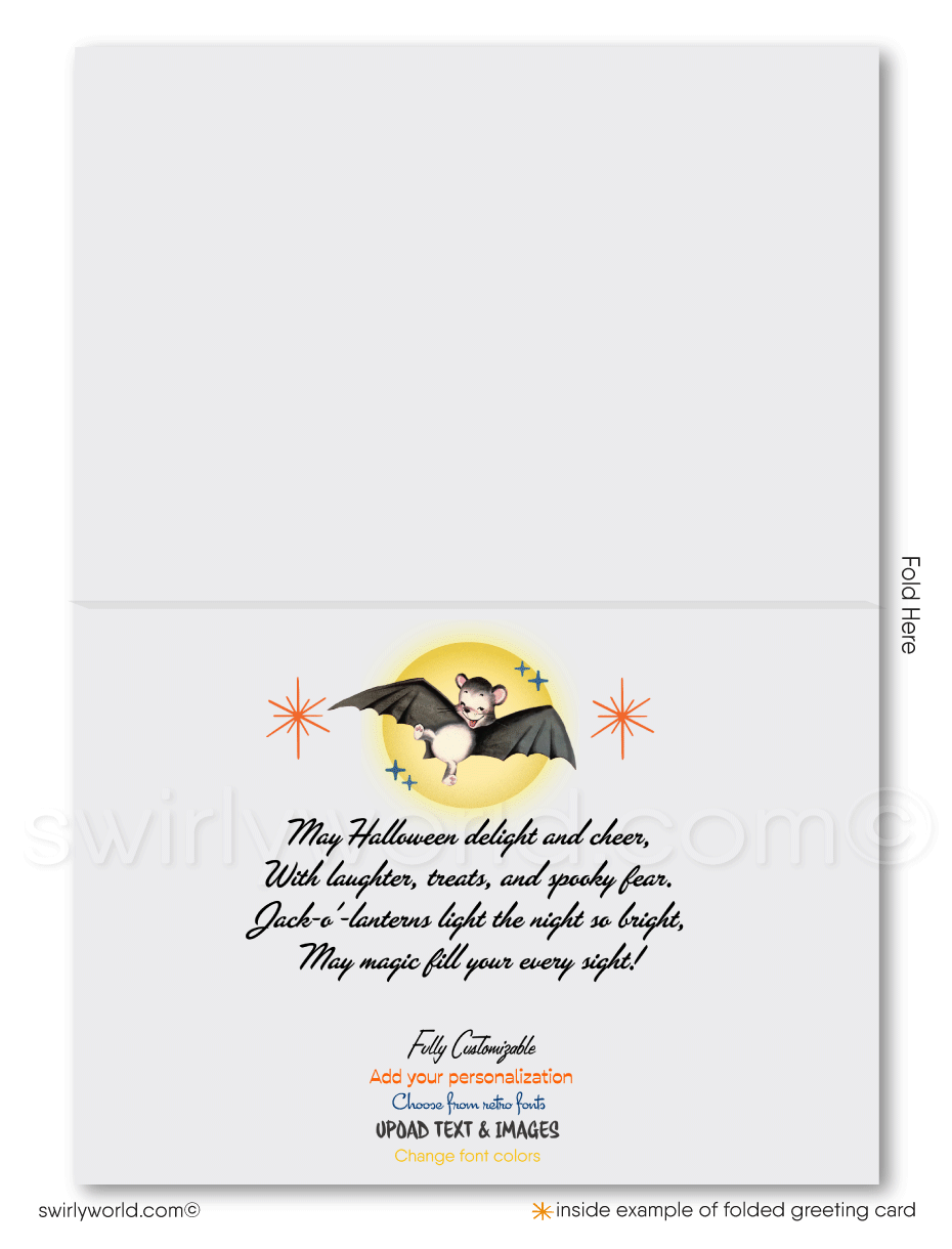 Celebrate Halloween with Swirly World's Vintage Kitsch 1940s-1950s Retro Greeting Cards. Featuring a nostalgic boy and girl with a Jack-o'-lantern and starbursts, these cards capture mid-century charm. Choose from flat or folded designs with customizable envelopes for a personalized touch!