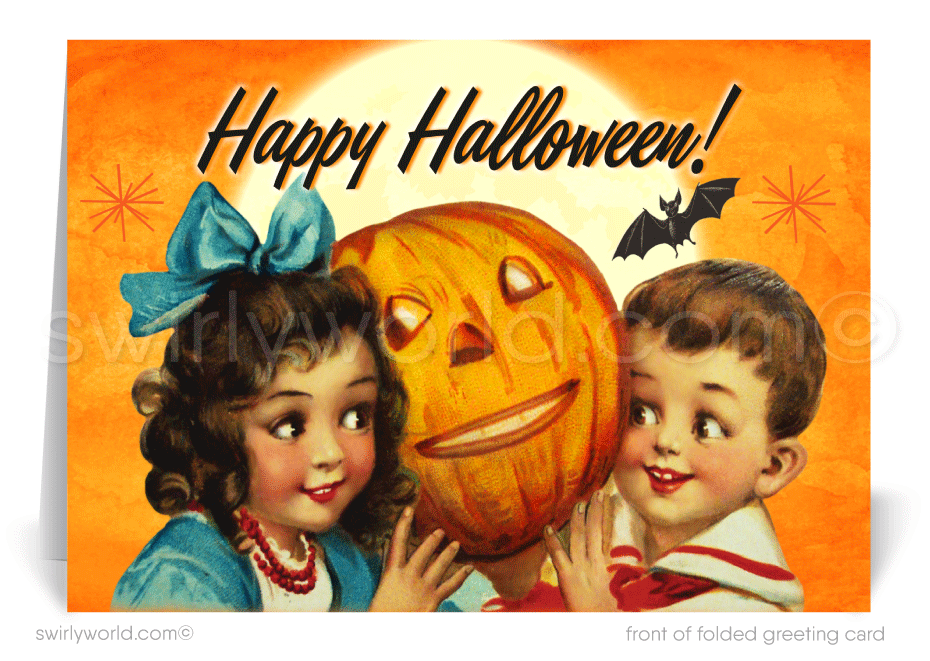 Celebrate Halloween with Swirly World's Vintage Kitsch 1940s-1950s Retro Greeting Cards. Featuring a nostalgic boy and girl with a Jack-o'-lantern and starbursts, these cards capture mid-century charm. Choose from flat or folded designs with customizable envelopes for a personalized touch!