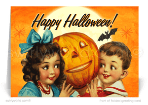 Celebrate Halloween with Swirly World's Vintage Kitsch 1940s-1950s Retro Greeting Cards. Featuring a nostalgic boy and girl with a Jack-o'-lantern and starbursts, these cards capture mid-century charm. Choose from flat or folded designs with customizable envelopes for a personalized touch!