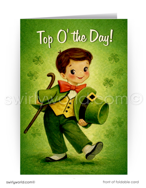 Vintage-style greeting card with a boy in a suit and bow tie holding a top hat, on a green background with shamrocks.
