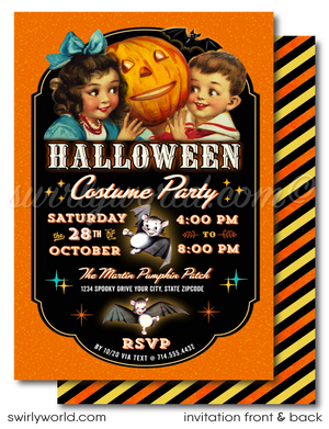 Ignite a retro-themed Halloween bash with our 1950s-inspired Vintage Halloween invitations! Featuring adorable cherubic characters, bats, and a spooky black cat, this kid-friendly design is printed on thick card stock with custom envelopes. Fully editable in Corjl and shipped to your door for a hassle-free experience!