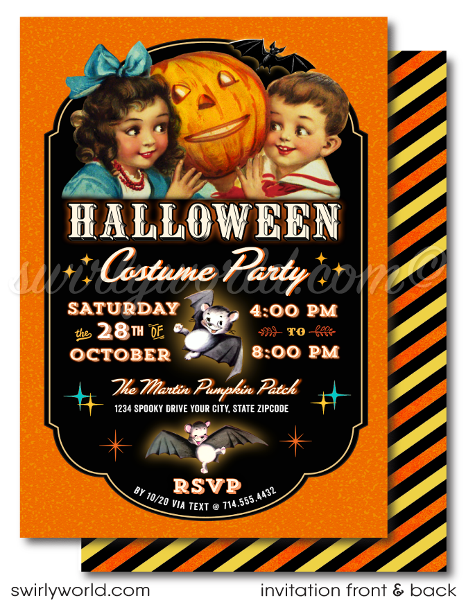 Vintage Kitsch Child-Friendly 1950s Mid-Century Retro Halloween Costume Party Invitations