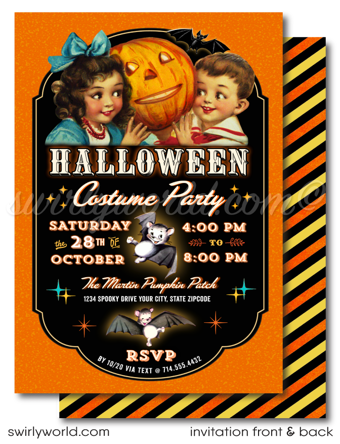 Step into nostalgia with our 1950s-inspired Vintage Halloween invitation and envelope set! This digital download features charming cherubic characters, bats, and a cute black cat, perfect for a retro-themed bash. Instantly customize, download, and share via print, text, or evite for a FANGTASTIC event!