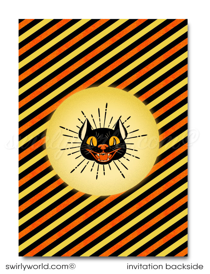 Step into nostalgia with our 1950s-inspired Vintage Halloween invitation and envelope set! This digital download features charming cherubic characters, bats, and a cute black cat, perfect for a retro-themed bash. Instantly customize, download, and share via print, text, or evite for a FANGTASTIC event!