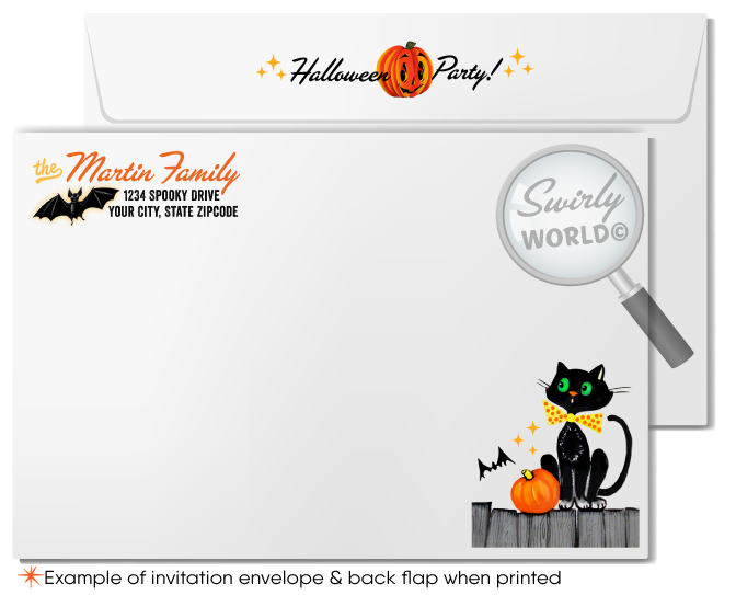 Step into nostalgia with our 1950s-inspired Vintage Halloween invitation and envelope set! This digital download features charming cherubic characters, bats, and a cute black cat, perfect for a retro-themed bash. Instantly customize, download, and share via print, text, or evite for a FANGTASTIC event!