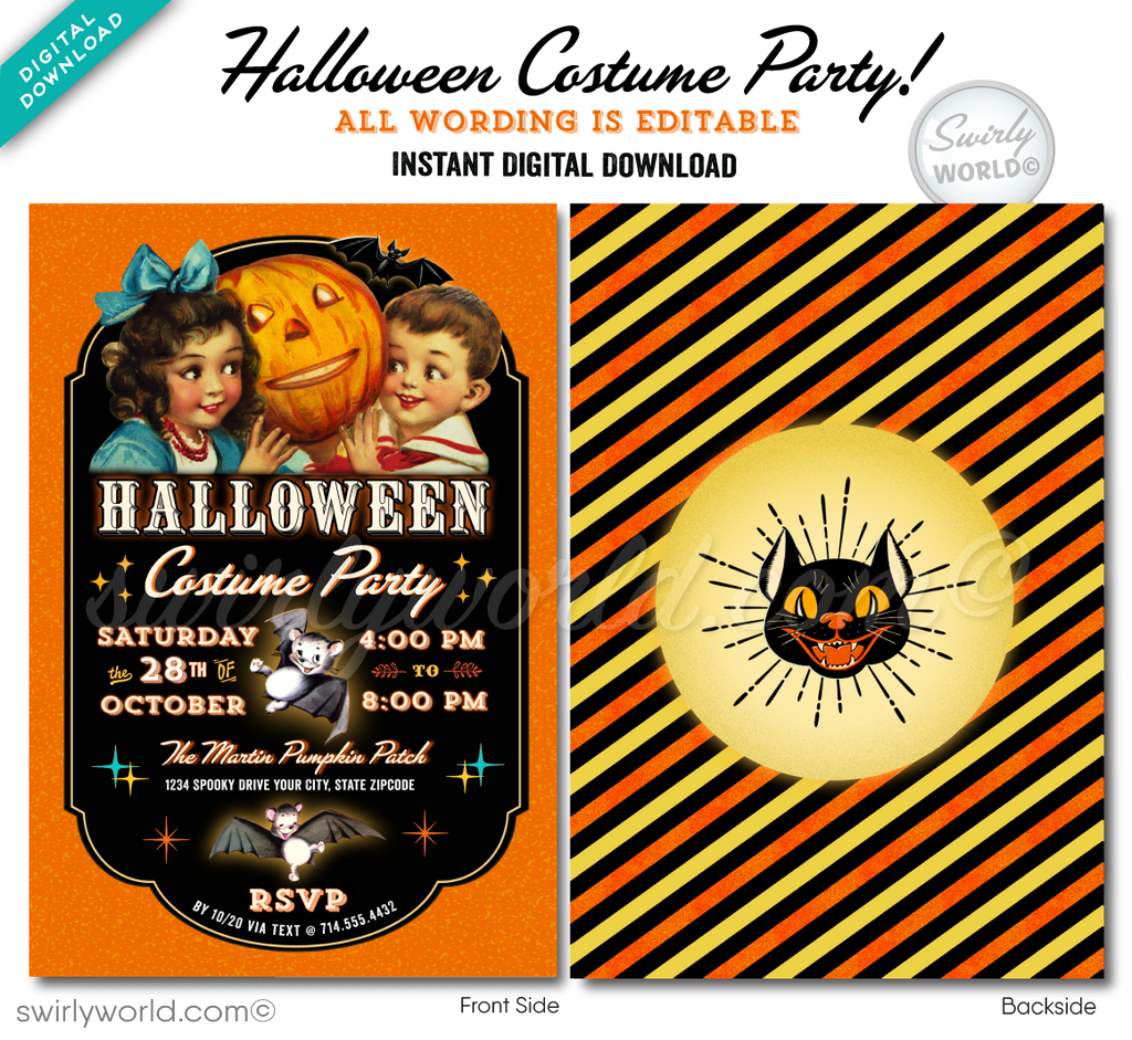 Vintage Kitsch Digital 1950s MCM Mid-Century Retro Halloween Costume Party Invitations