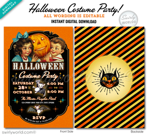 Step into nostalgia with our 1950s-inspired Vintage Halloween invitation and envelope set! This digital download features charming cherubic characters, bats, and a cute black cat, perfect for a retro-themed bash. Instantly customize, download, and share via print, text, or evite for a FANGTASTIC event!