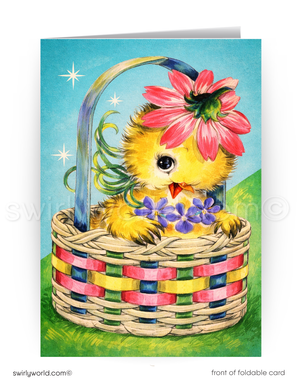 Greeting card with a chick in a basket surrounded by flowers on a blue background