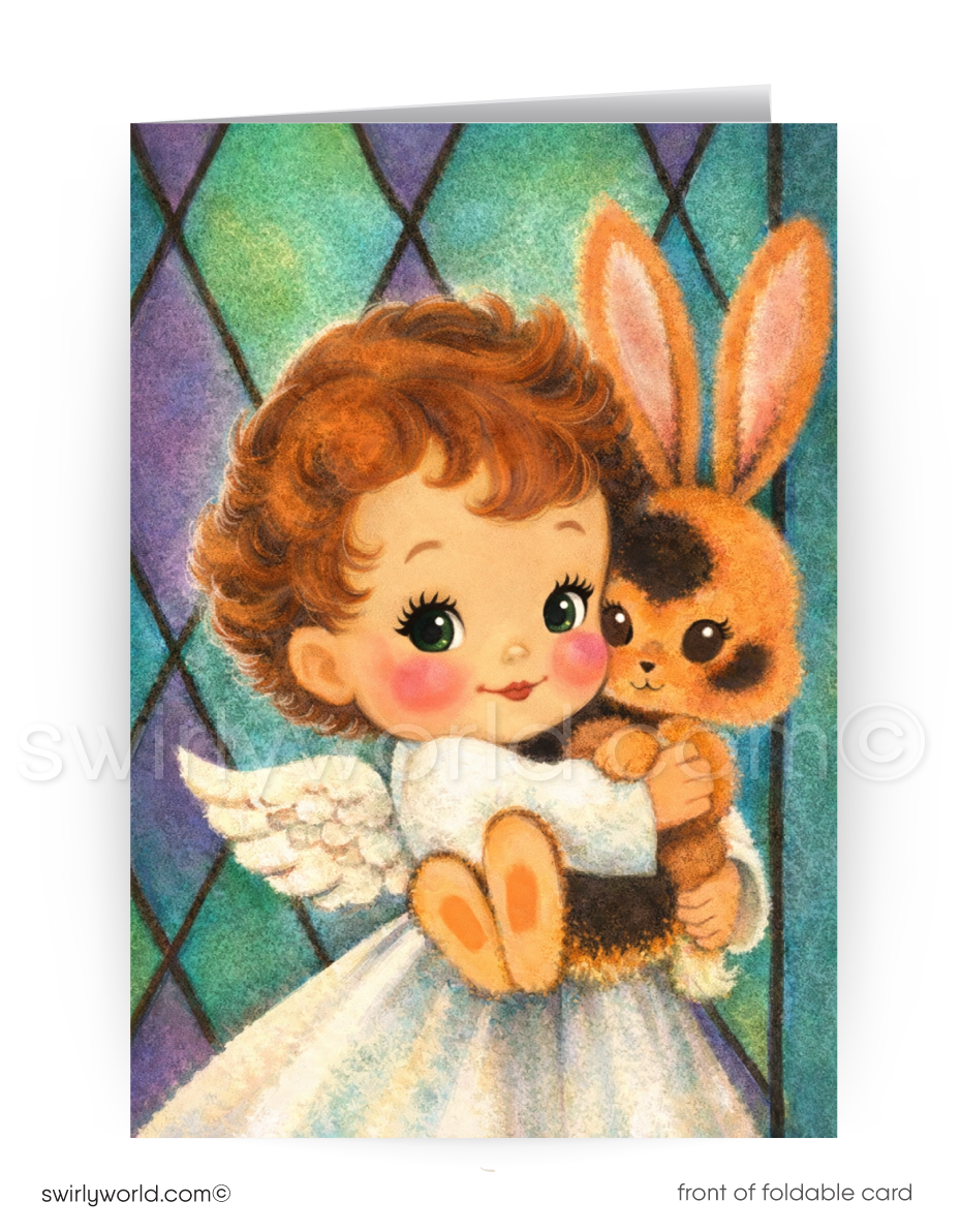 Vintage-style card with an angel holding a bunny against a stained glass background