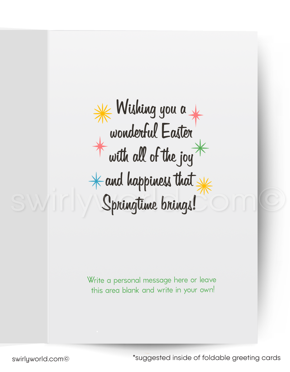 Vintage-style card with two bunnies at a table with flowers and 'Happy Spring!' text.