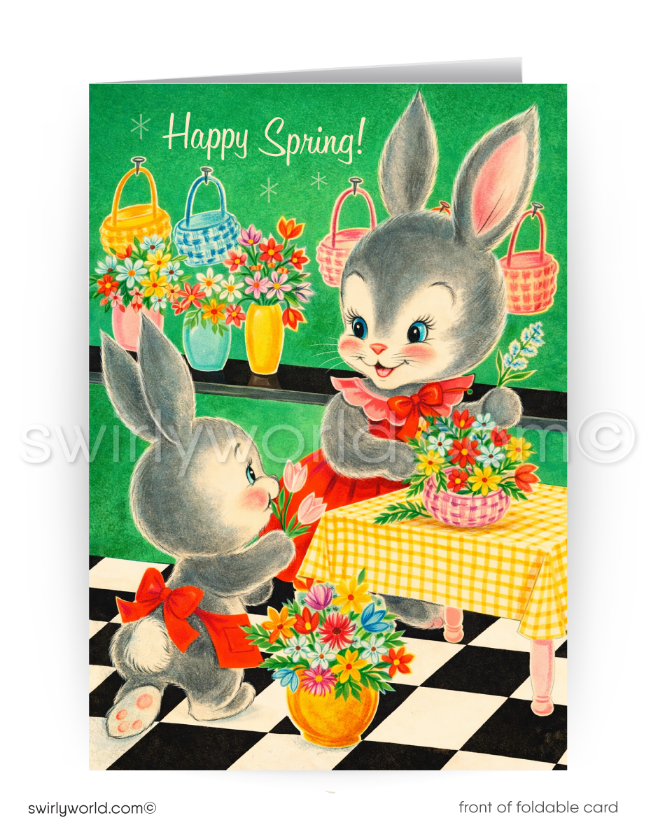 Vintage-style card with two bunnies at a table with flowers and 'Happy Spring!' text.