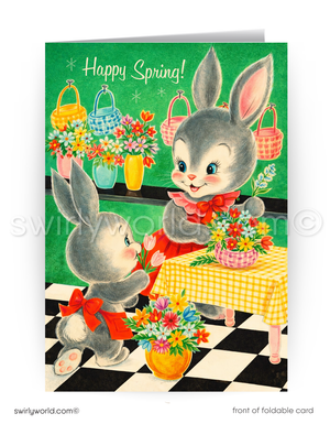 Vintage-style card with two bunnies at a table with flowers and 'Happy Spring!' text.