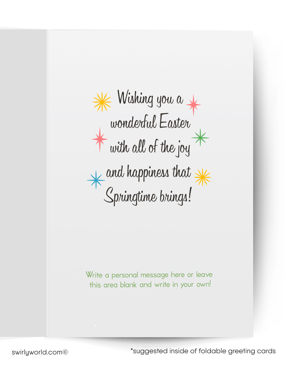 Greeting card with a cat wearing bunny ears and kittens in a basket, surrounded by flowers and text 'Happy Springtime'.