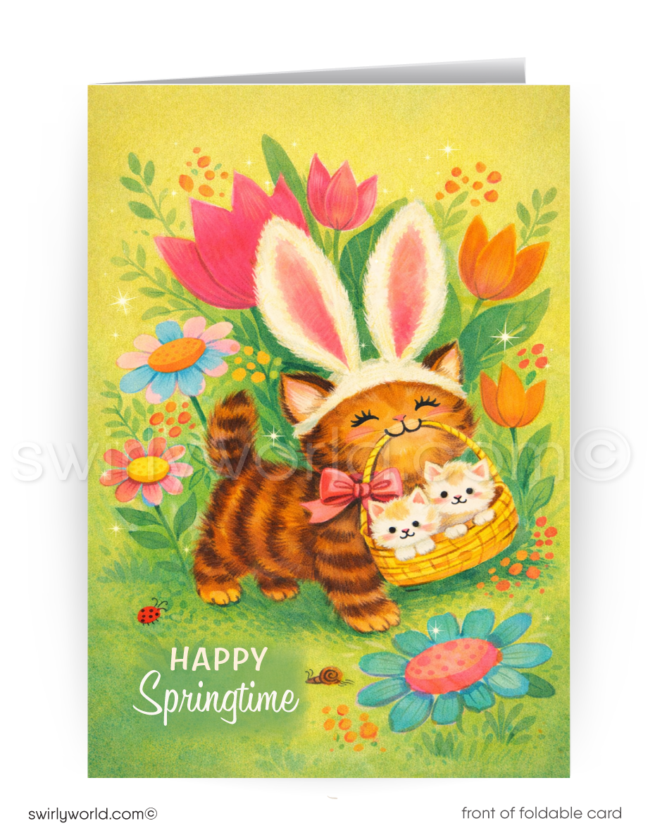Greeting card with a cat wearing bunny ears and kittens in a basket, surrounded by flowers and text 'Happy Springtime'.