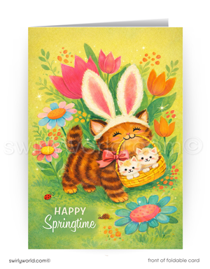 Greeting card with a cat wearing bunny ears and kittens in a basket, surrounded by flowers and text 'Happy Springtime'.