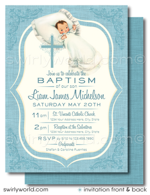 Order our 1950s Baby Boy Vintage Baptism Invitation & Thank You Card Set, expertly printed for your convenience. Featuring soft blue hues and vintage elements, this customizable set includes elegant typography and serene designs, perfect for your child's baptism. Edit wording and details for a personal touch.