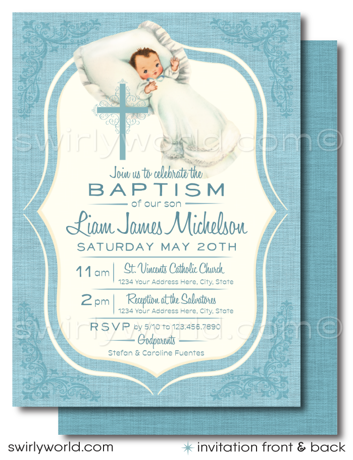 Order our 1950s Baby Boy Vintage Baptism Invitation & Thank You Card Set, expertly printed for your convenience. Featuring soft blue hues and vintage elements, this customizable set includes elegant typography and serene designs, perfect for your child's baptism. Edit wording and details for a personal touch.
