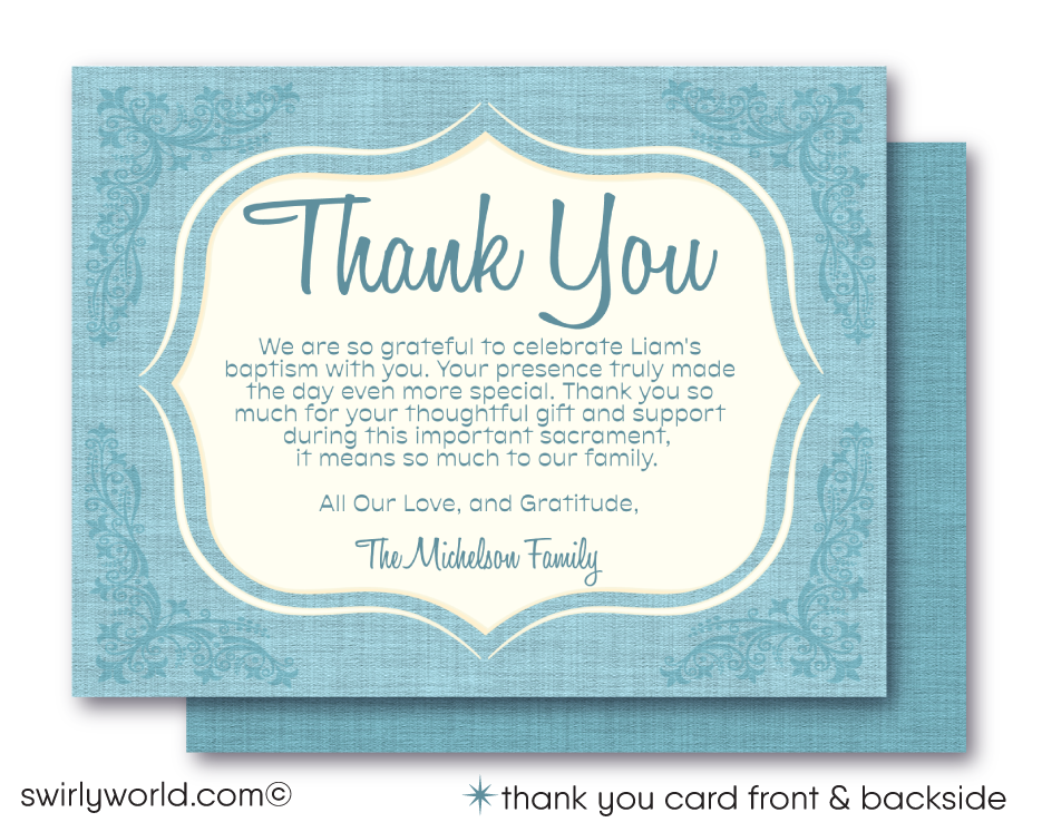 Order our 1950s Baby Boy Vintage Baptism Invitation & Thank You Card Set, expertly printed for your convenience. Featuring soft blue hues and vintage elements, this customizable set includes elegant typography and serene designs, perfect for your child's baptism. Edit wording and details for a personal touch.