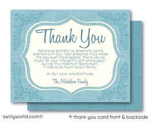 Order our 1950s Baby Boy Vintage Baptism Invitation & Thank You Card Set, expertly printed for your convenience. Featuring soft blue hues and vintage elements, this customizable set includes elegant typography and serene designs, perfect for your child's baptism. Edit wording and details for a personal touch.