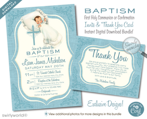 Download our 1950s Baby Boy Vintage Baptism Invitation and Thank You Card Set for a truly memorable celebration. Featuring elegant vintage typography and a soft blue palette, this digital set is perfect for Baptisms, Confirmations, and First Communions. Fully customizable and ready for personalization to match your special event