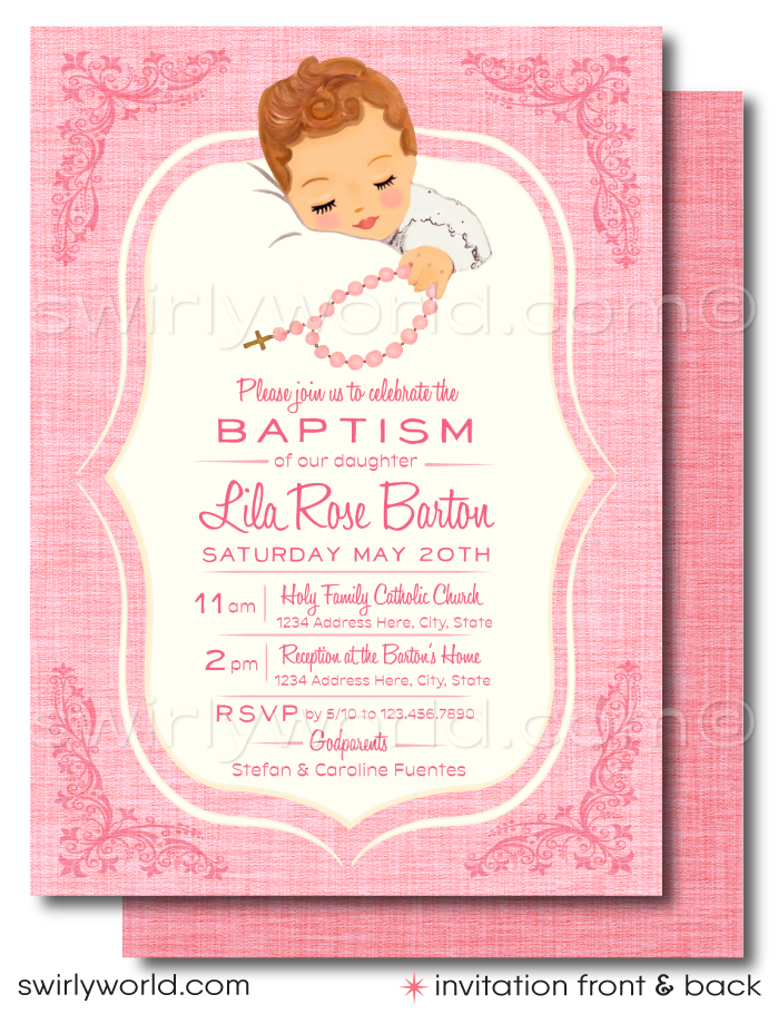 Download our 1950s Baby Girl Vintage Baptism Invitation & Thank You Card Set in soft pink. Perfect for your daughter's special day, this digital, customizable set features elegant vintage illustrations and typography. Personalize easily to create memorable invites for Baptism or other sacred ceremonies.