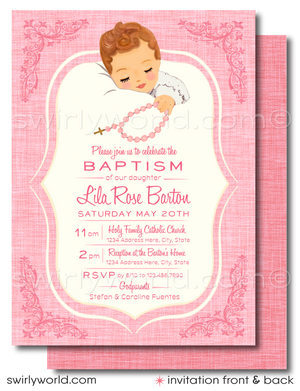 1940s-1950s Baby Girl Pink Vintage Retro Baptism Invitation & Thank You Card Printed Set