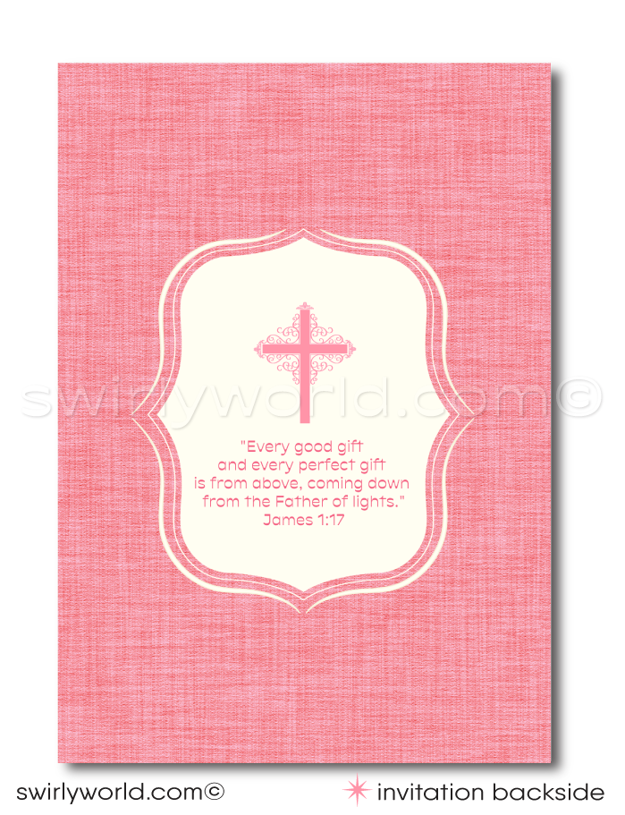 1940s-1950s Baby Girl Pink Vintage Retro Baptism Invitation & Thank You Card Printed Set