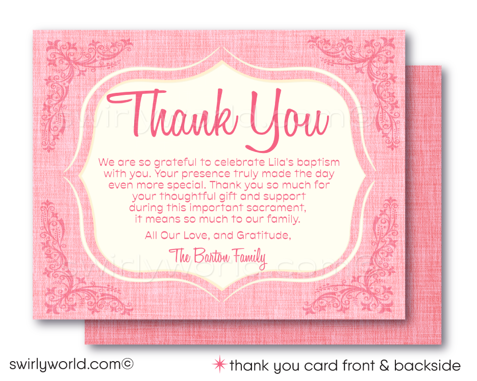 1940s-1950s Baby Girl Pink Vintage Retro Baptism Invitation & Thank You Card Printed Set