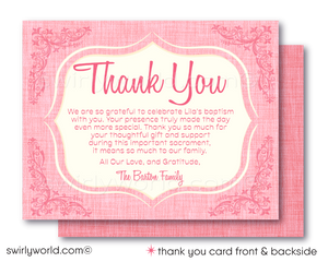 1940s-1950s Baby Girl Pink Vintage Retro Baptism Invitation & Thank You Card Printed Set