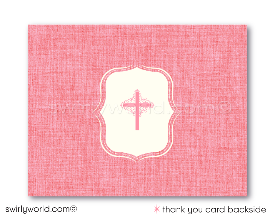 1940s-1950s Baby Girl Pink Vintage Retro Baptism Invitation & Thank You Card Printed Set