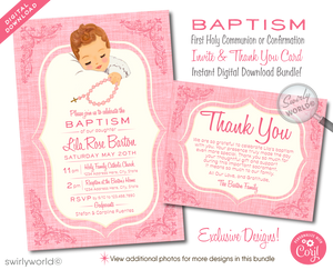 Download our 1950s Baby Girl Vintage Baptism Invitation & Thank You Card Set in soft pink. Perfect for your daughter's special day, this digital, customizable set features elegant vintage illustrations and typography. Personalize easily to create memorable invites for Baptism or other sacred ceremonies.