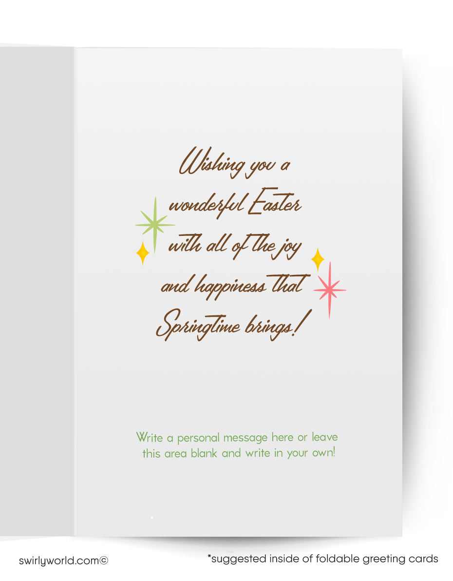 Vintage-style greeting card with a rabbit wearing a yellow dress and pink bow on a green background with flowers.