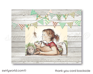 Celebrate your baby's 1st birthday with Swirly World's "TERRIFIC" Charlotte's Web Invitation Set! 🐷🎉 Featuring Wilbur, Fern, Templeton, and Charlotte, this barnyard-themed collection includes invitations, thank you cards, and envelopes. Expertly printed on premium paper, perfect for a memorable celebration.