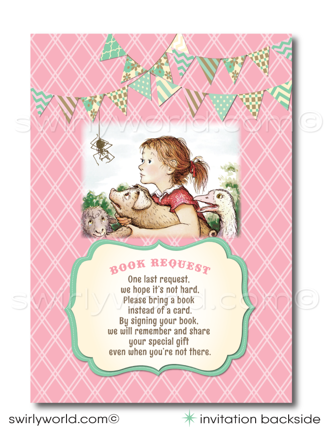 Celebrate your baby's 1st birthday with Swirly World's "TERRIFIC" Charlotte's Web Invitation Set with Book Request poem card! 🐷🎉 Featuring Wilbur, Fern, Templeton, and Charlotte, this barnyard-themed collection includes invitations, thank you cards, and envelopes. Expertly printed on premium paper, perfect for a memorable celebration.